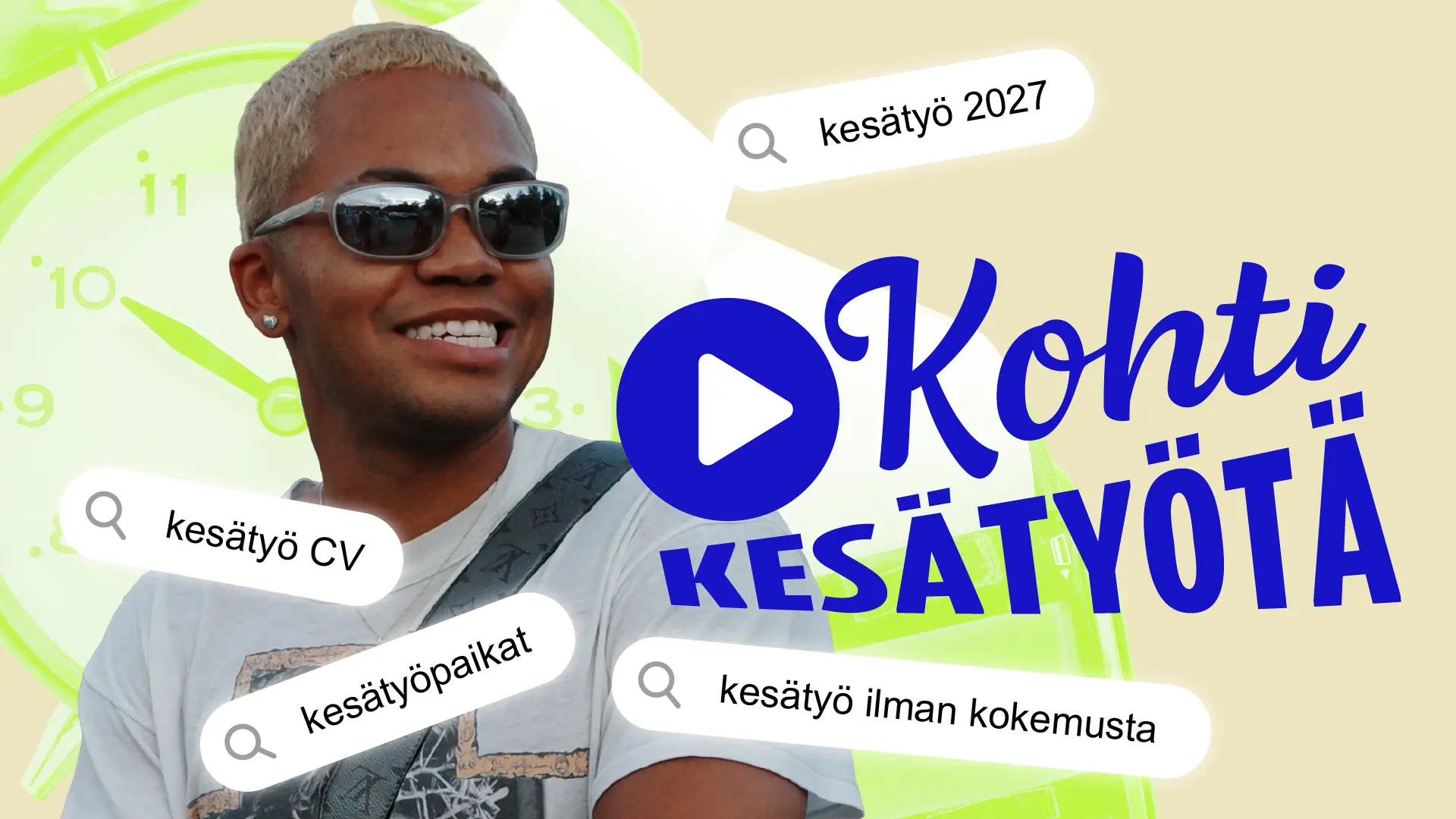 Bakari Diarra, videon toistopainike ja teksti: "Kohti kesätyötä".